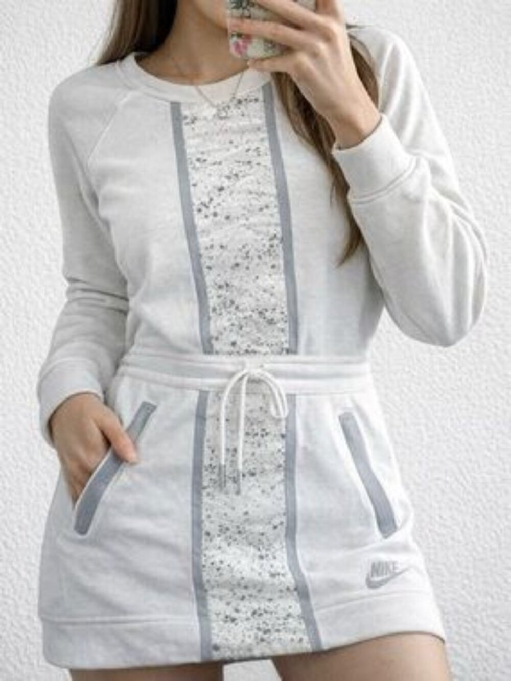NIKE Women's Tech Fleece Splatter Sweatshirt Dress White M Long Sleeve Pull On
